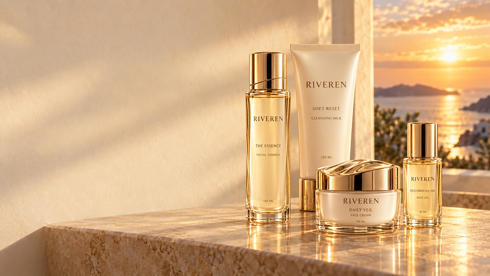 Riveren skincare in ivory and clear glass with sculpted gold caps, beside a sunlit coastal window
