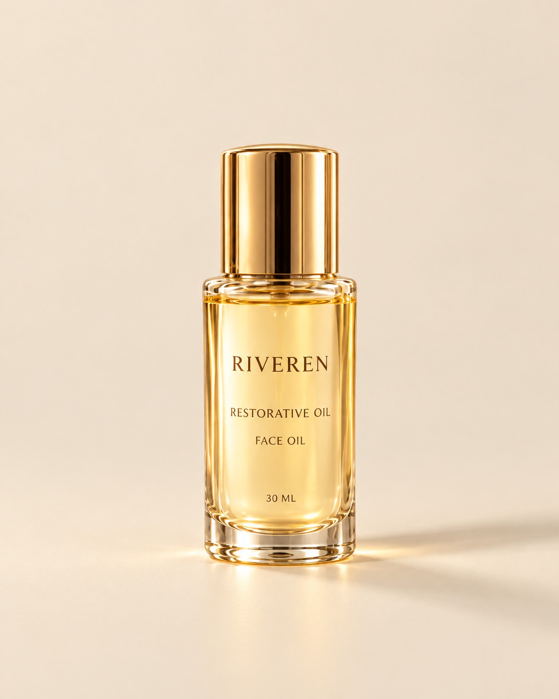 Riveren Restorative Oil in clear glass with a polished gold cap
